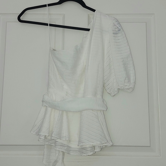 One Shoulder White Blouse With Tie Waist Sz. M NWT - Picture 2 of 5